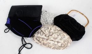 Blue scarf, with embroidered silver foliate thread decoration and beaded ends, black evening bag