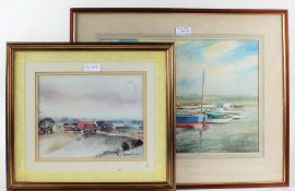 Peter Merrin, study of moored boats, signed watercolour, housed in a wooden and glazed frame, 37cm