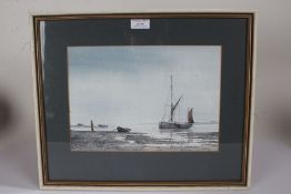 Alan Whitehead, watercolour depicting four boats at low tide, 29.5cm x 21cm, housed in a glazed