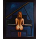 20th century school, study of a nude female playing the piano, indistinctly signed oil on canvas,