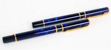 Waterman fountain pen and a biro, with blue marble effect bodies, 13cm long