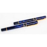 Waterman fountain pen and a biro, with blue marble effect bodies, 13cm long