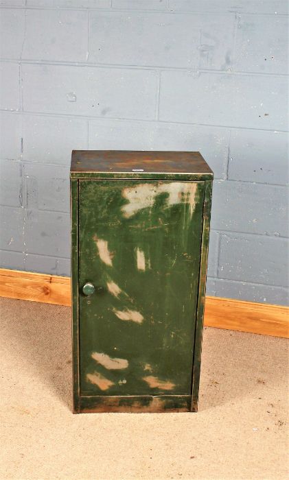 Industrial green painted metal cabinet with single door, 46cm wide x 91cm high x 30.5cm deep