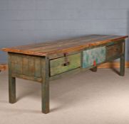 Early to Mid -20th century pine work bench/counter, the pine planked top above a green painted