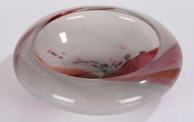 Fleur Tookey, contemporary opaque white and cerise glass bowl, signed to base, 29cm diameter