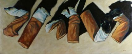 West (Contemporary) Six cigarette butts, signed and dated 99, oil on canvas, 179cm x 74cm