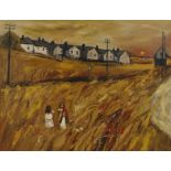 John Ash (1926-1999) Three children in a field by houses, signed oil on board, 91cm x 70cm