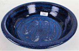 William Illsley (B1948), art pottery bowl, the blue mottled ground with wavy line to the central