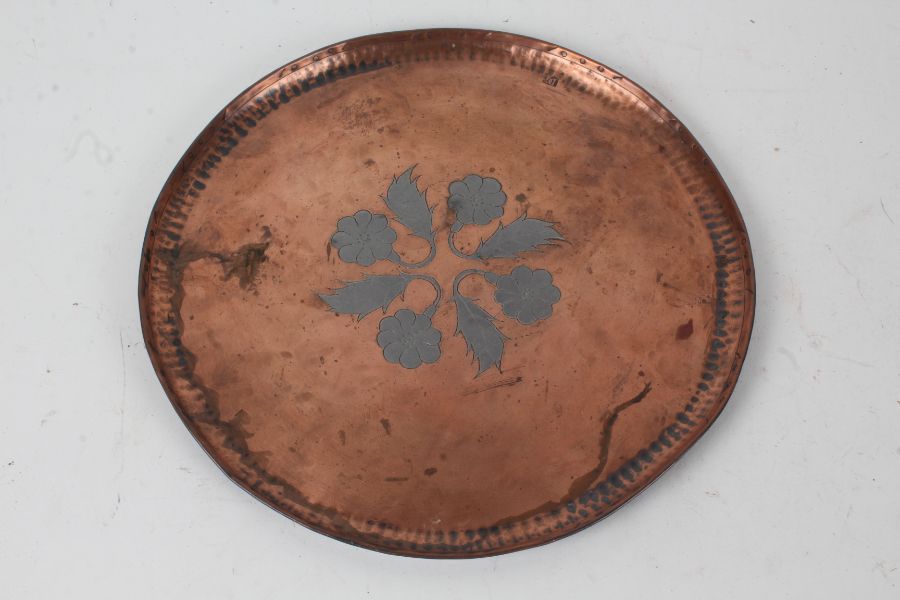 Paul Gilling, Arts and Crafts copper tray, centred with an inlaid white metal floral motif,