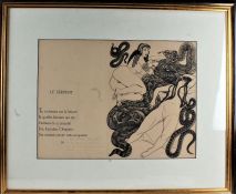 French School print, entitled 'Le Serpent', with text and handwritten note, housed in a black and