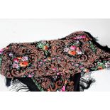 Piano shawl, with brightly coloured flowers on a black ground