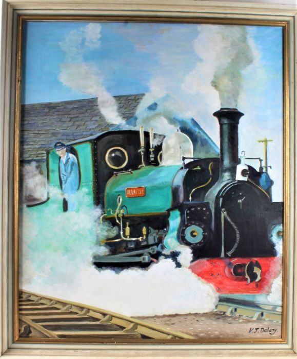V.J. Delany, study of steam train 'Blanche', signed oil on canvas, housed within a contemporary