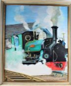 V.J. Delany, study of steam train 'Blanche', signed oil on canvas, housed within a contemporary