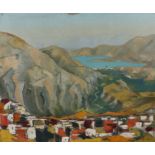 Detmar (Contemporary) Town nestled in a valley leading to the sea, signed oil on canvas, 66cm x