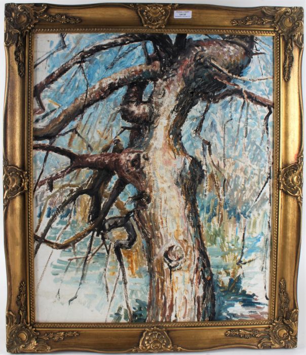 20th century English School, abstract study of a tree, indistinctly signed oil on board, housed