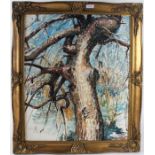 20th century English School, abstract study of a tree, indistinctly signed oil on board, housed