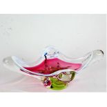 Art glass dish, of quatrefoil form, the clear body with white overlaid rim and puce lower section,