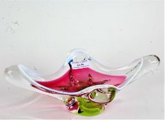 Art glass dish, of quatrefoil form, the clear body with white overlaid rim and puce lower section,