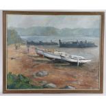 Jose Mckinnon, "Waiting for their Wings", depicting boats on a beach, signed oil on canvas, housed