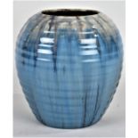 1930's Candy Ware vase, of ribbed form with blue running glaze, 15cm high