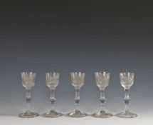 Rare set of five Jacobite wine glasses, circa 1760, each with a rounded funnel bowl engraved with