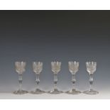 Rare set of five Jacobite wine glasses, circa 1760, each with a rounded funnel bowl engraved with