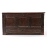 Mid 17th Century joined oak coffer with drawer, circa 1640, the hinged rectangular three panelled