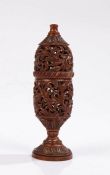 Late 18th Century coquille nut pomander, the turned finial above a scrolling leaf and flower head