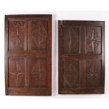Two 17th Century oak panels, each panel set with four diamond and leaf carved panels, 58cm wide x