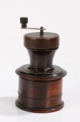 George II lignum vitae treen coffee grinder, circa 1760, the replaced cover and handle above a