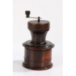 George II lignum vitae treen coffee grinder, circa 1760, the replaced cover and handle above a