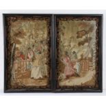 Pair of 19th Century silk and woolwork pictures, depicting figured harvesting hops, 32cm x 51cm