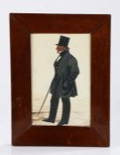 19th Century British school, a painted silhouette of a gentleman in a top hat wearing spectacles,