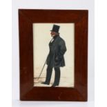 19th Century British school, a painted silhouette of a gentleman in a top hat wearing spectacles,