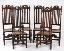 Harlequin set of six 17th English Century chairs, circa 1685, each with a high back and arched top