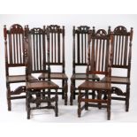 Harlequin set of six 17th English Century chairs, circa 1685, each with a high back and arched top