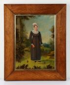 19th Century British Primitive school, of a lady standing in a garden holding a bible and a rose,