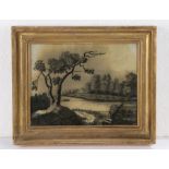 George III hair picture, depicting a river with fisherman by a cottage, a church tower in the