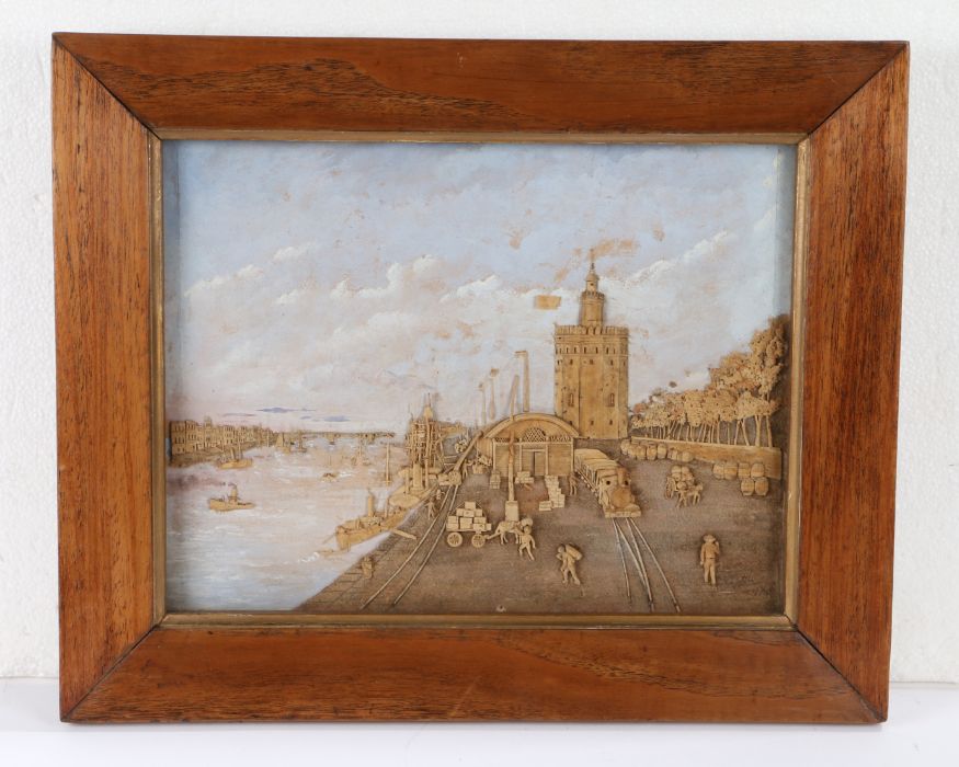 Charming cork diorama, with a tower overlooking a dock and shipping scene, a steam train leaving the