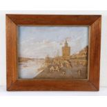 Charming cork diorama, with a tower overlooking a dock and shipping scene, a steam train leaving the