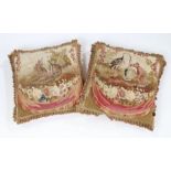 Pair cushion covers of 18th Century Aubusson, depicting Aesop’s fable, the first depicting a wolf