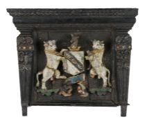 Charles I Oak and Polychrome Decorated Armorial Crest, English, circa 1630. Featuring two Bulls