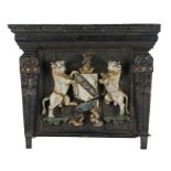 Charles I Oak and Polychrome Decorated Armorial Crest, English, circa 1630. Featuring two Bulls