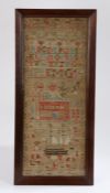 19th Century sampler, with a house to the centre above a three masted ship, a cat, birds, flowers,