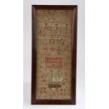 19th Century sampler, with a house to the centre above a three masted ship, a cat, birds, flowers,