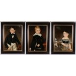 Charming set of three early 19th Century British school family portraits, of three children, the