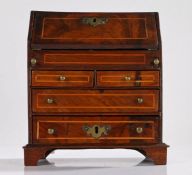 18th Century walnut and boxwood strung miniature bureau, the rectangular top above a sloping fall