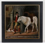 19th Century British Primitive school, Leaving the stables for a hunt, with a white horse, a