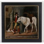 19th Century British Primitive school, Leaving the stables for a hunt, with a white horse, a