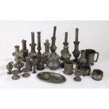 Collection of pewter, to include candlesticks, castor, dishes, jugs, pots, salts, (23)
